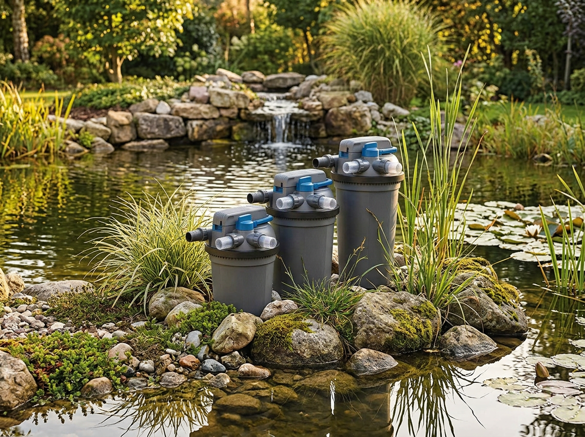 Three OASE FiltoClear pressurized pond filters on pond water