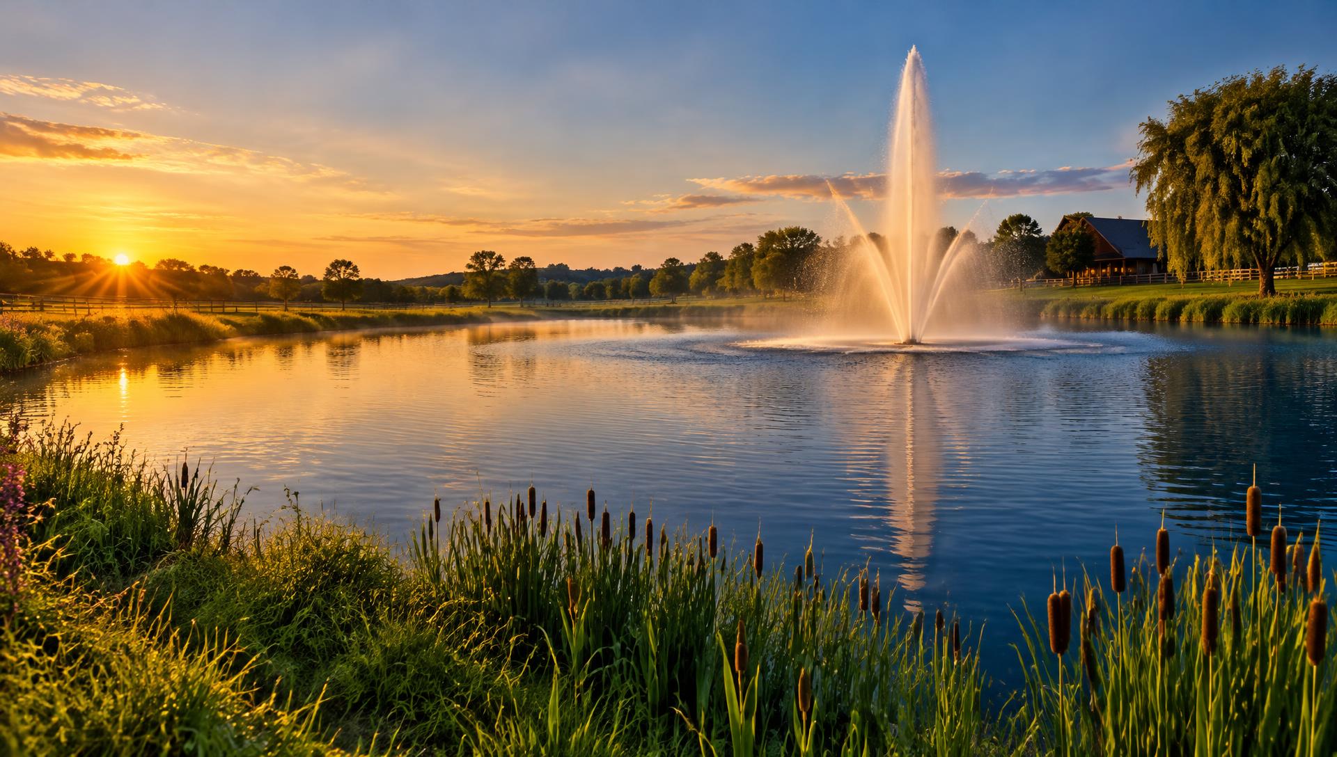 Pond fountain at sunset