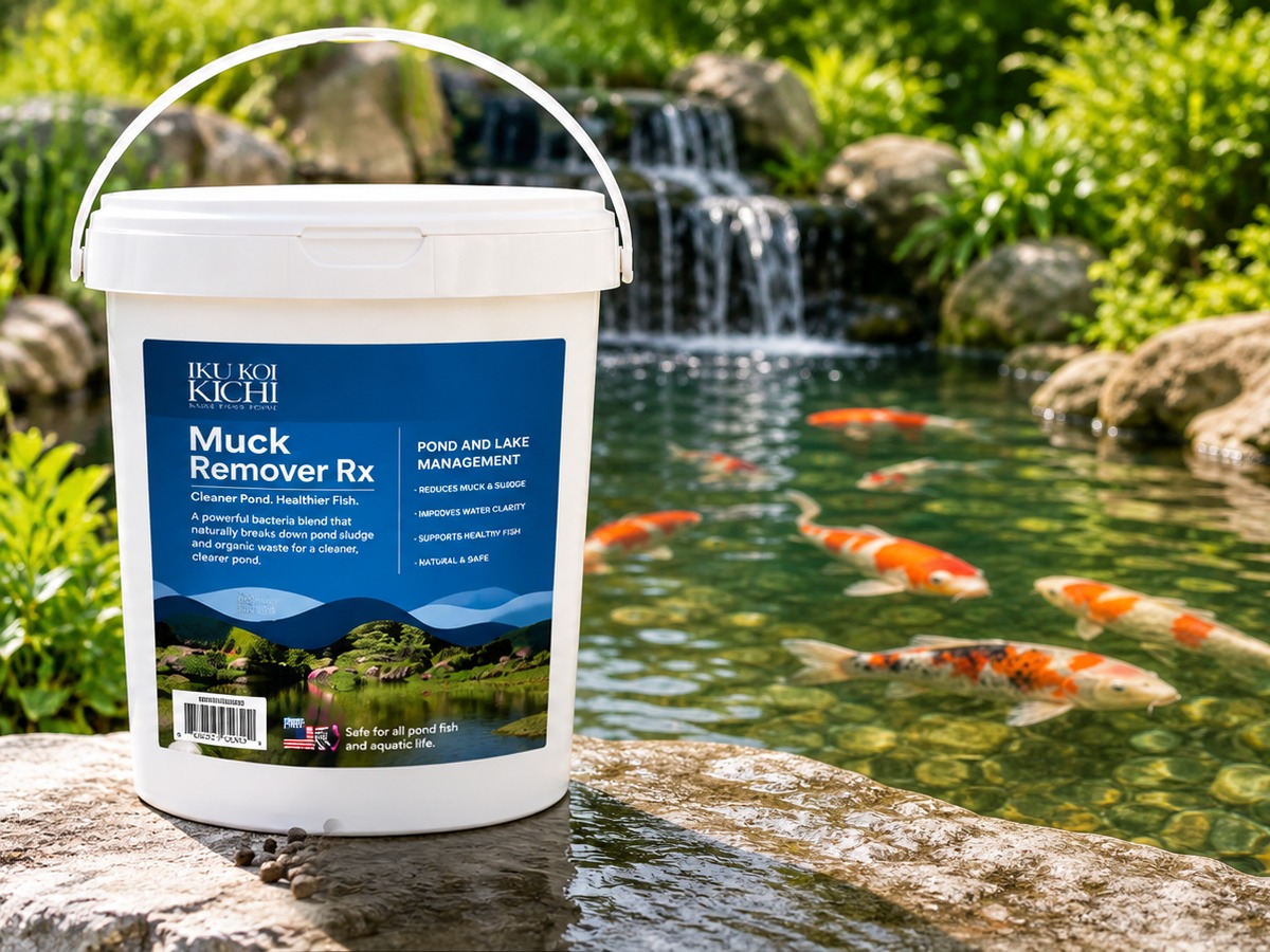 Iku Koi Kichi Muck Remover Pellets Rx bucket beside a pond waterfall